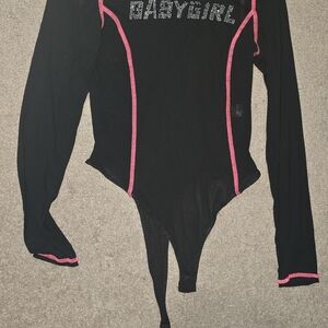 "BabyGirl" Sheer Black Bodysuit With Pink Trim
